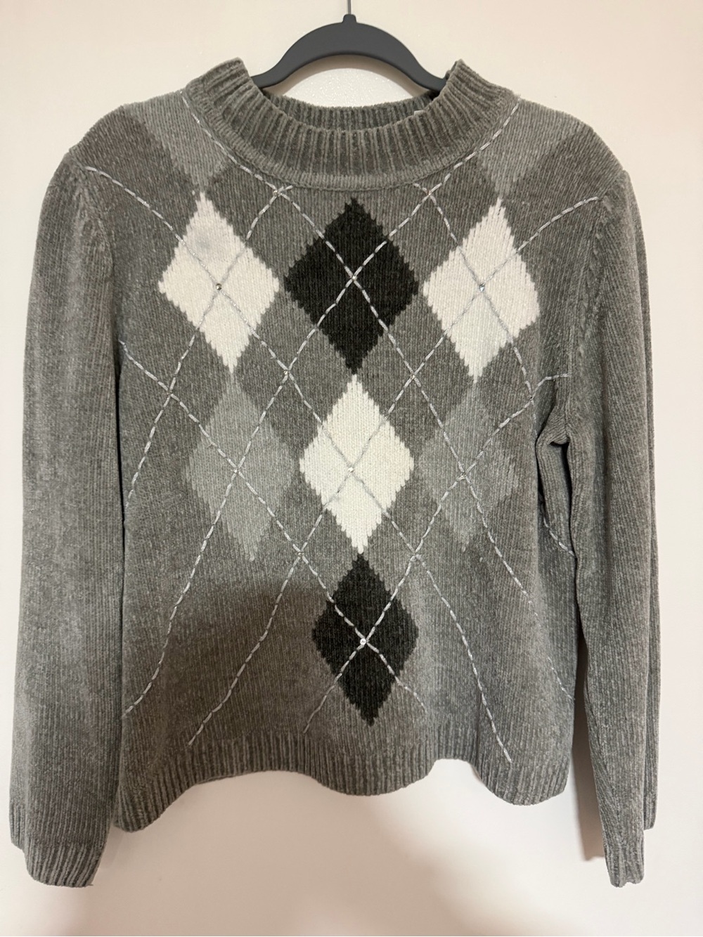 Alfred Dunner Grey Argyle Crewneck Sweater with White & Black Accents